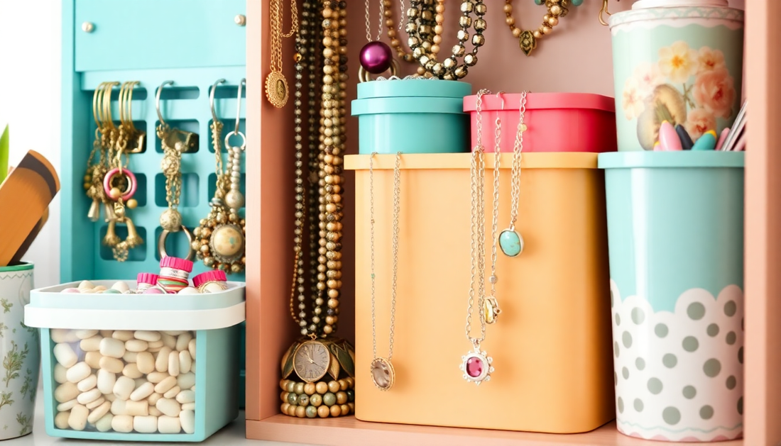 A colorful DIY jewelry storage filled with creative containers