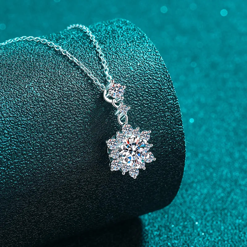 1 Carat Moissanite Necklace with a sparkling floral design on a silver chain