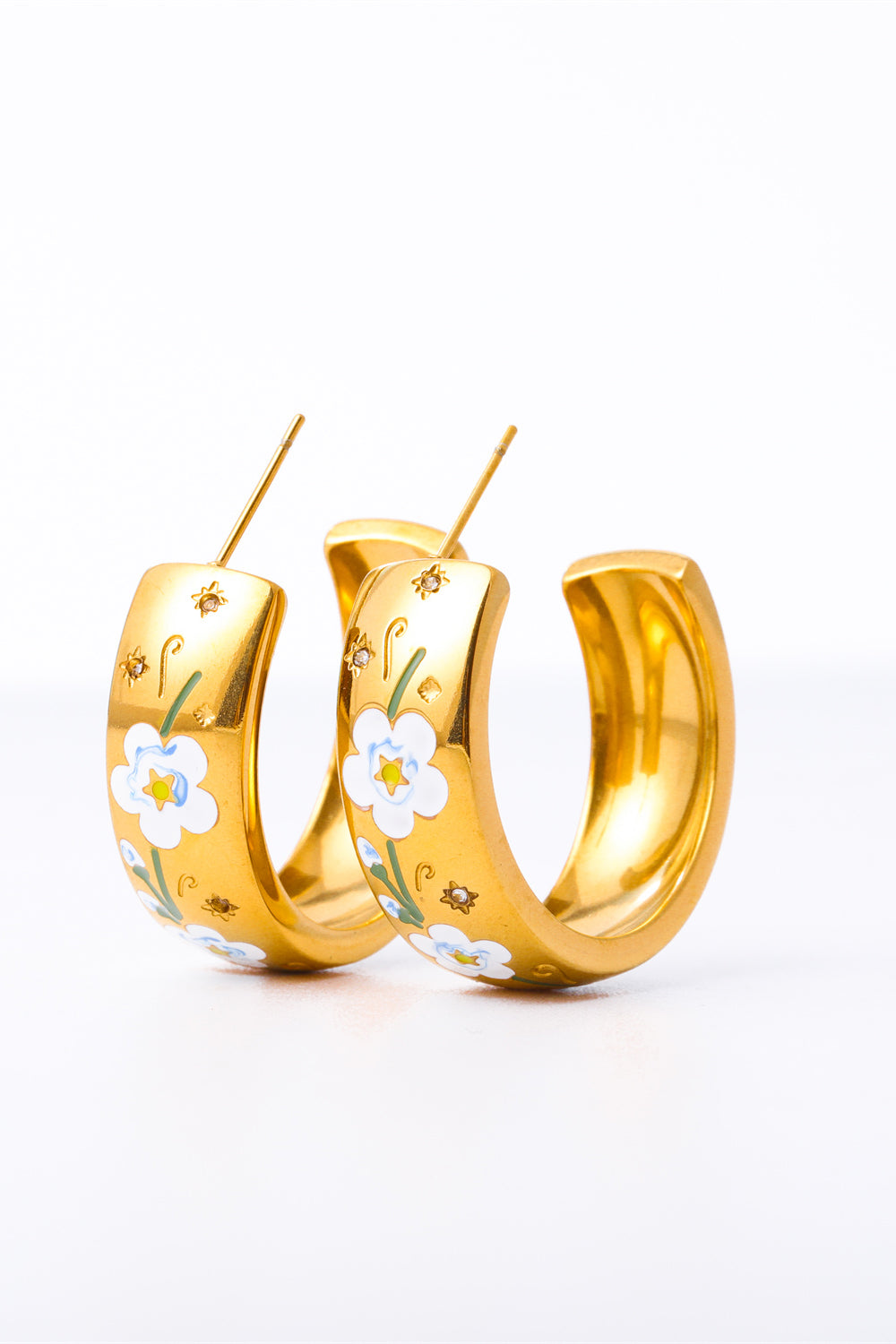Trendsi 18K gold plated hoop earrings adorned with floral designs for stylish accessorizing