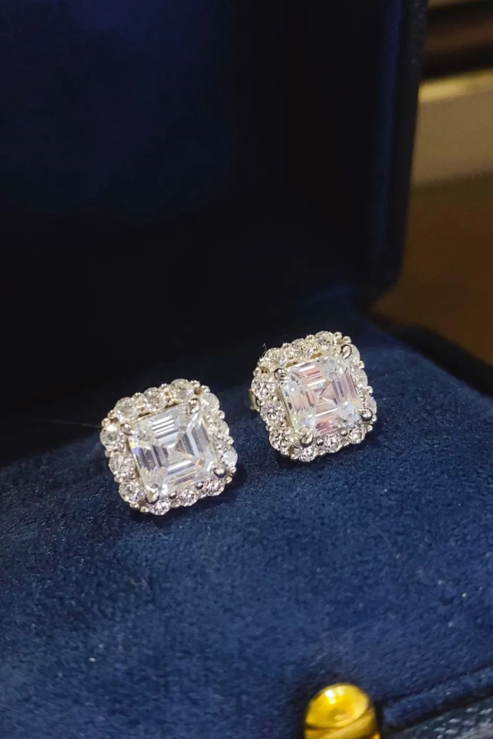 Elegant 2 carat moissanite earrings in a square shape with sparkling halo design