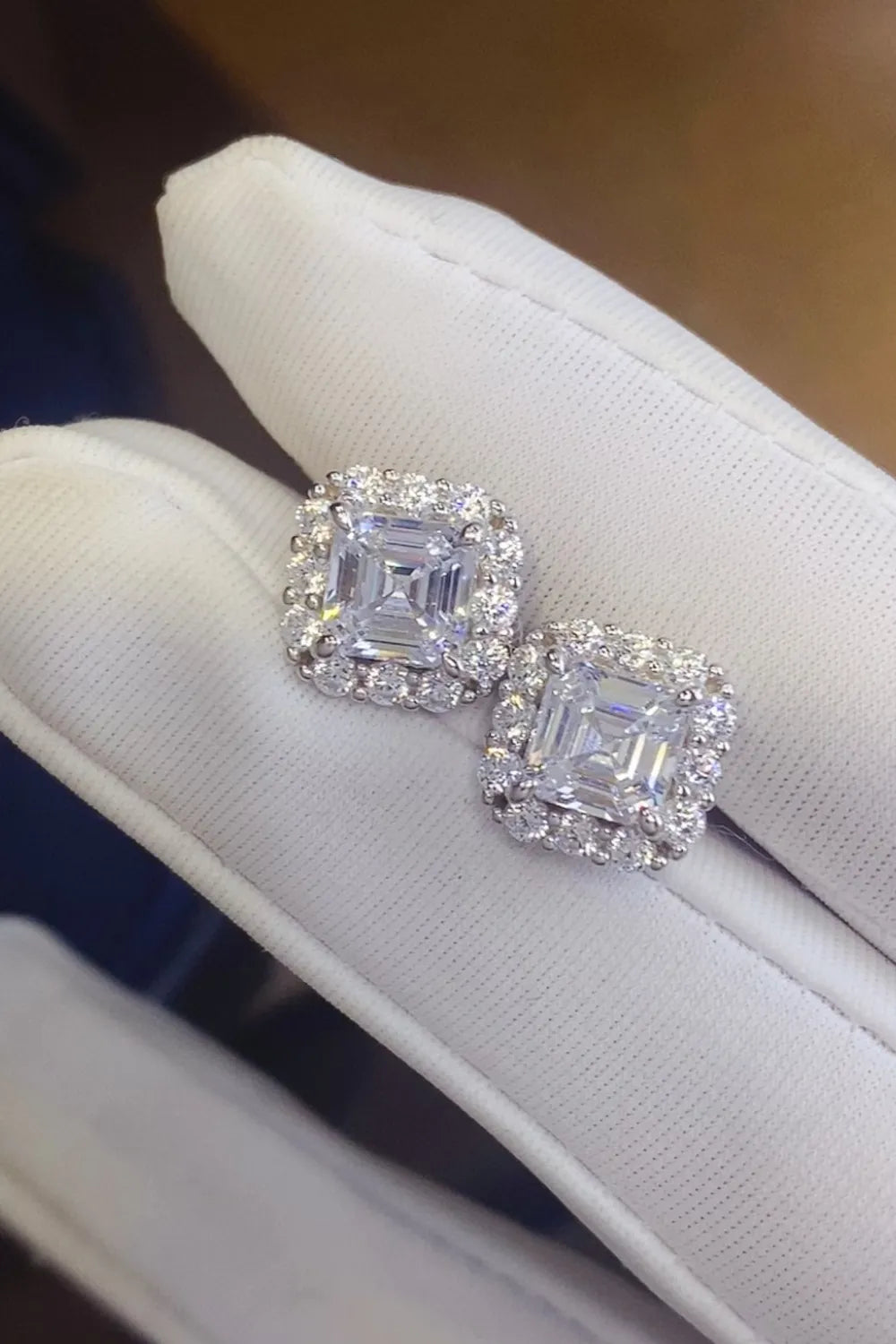 Stunning 2 carat moissanite earrings with a vintage square design and sparkling halo setting