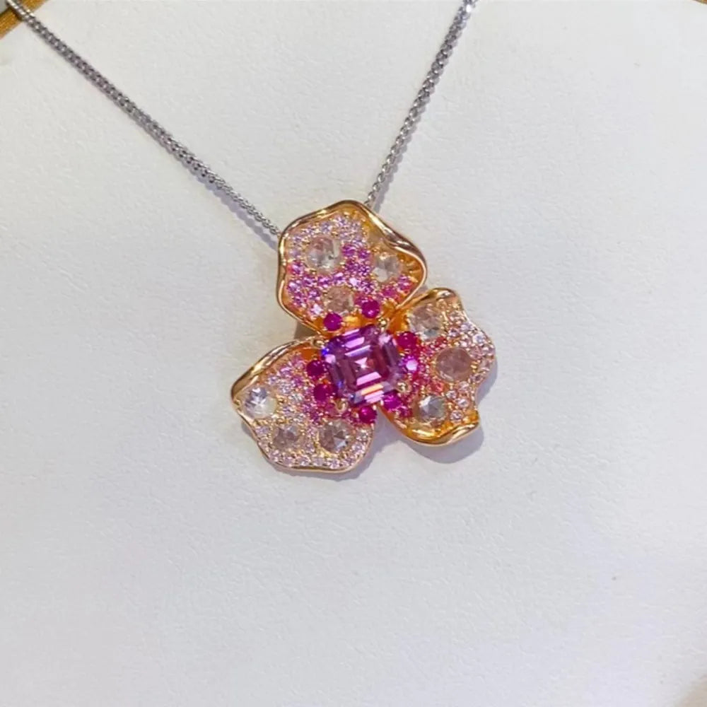 Trendsi 2 carat moissanite floral pendant featuring vibrant pink gemstones and gold accents
