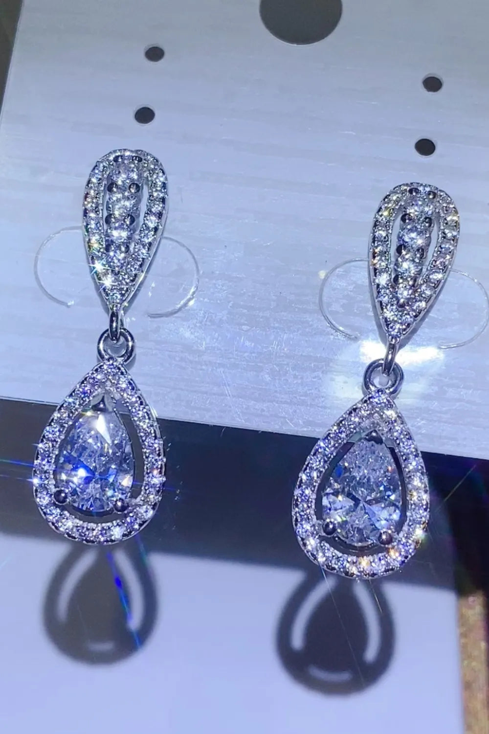 Stunning 2 carat teardrop earrings with sparkling crystals in a silver setting