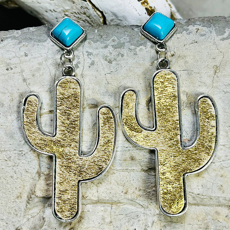 Bohemian cactus earrings featuring gold-tone metal and turquoise accents for a trendy look
