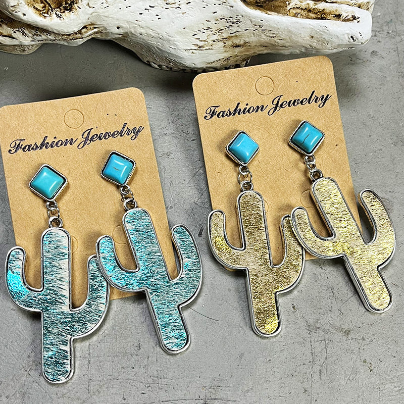Trendsi Bohemian Cactus Earrings with Turquoise Accents in Silver and Gold Finishes