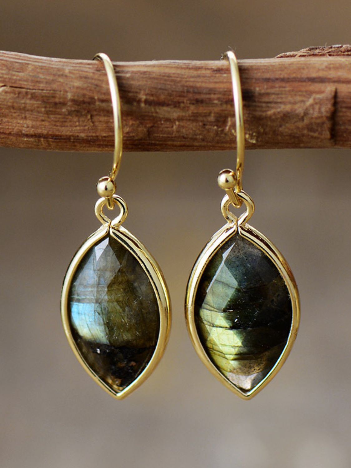 Trendsi geometric stone dangle earrings in gold with faceted labradorite stones