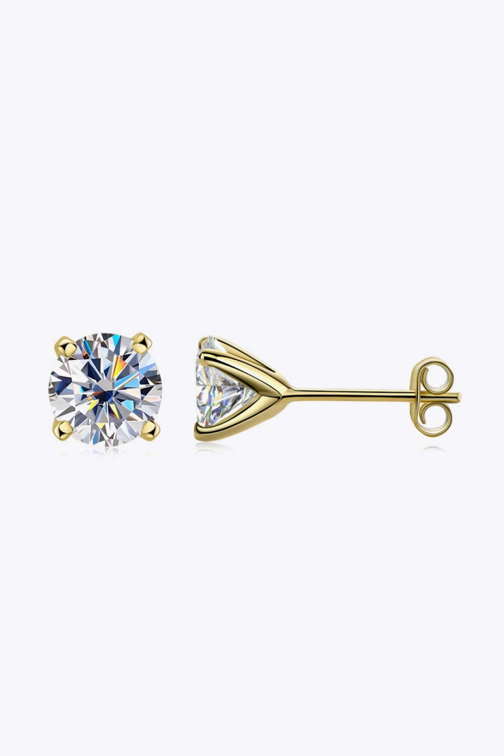 1 carat moissanite stud earrings in gold setting, featuring brilliant round-cut stones