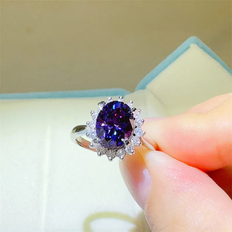 Stunning 2 carat moissanite ring with purple oval gemstone and sparkling diamond accents
