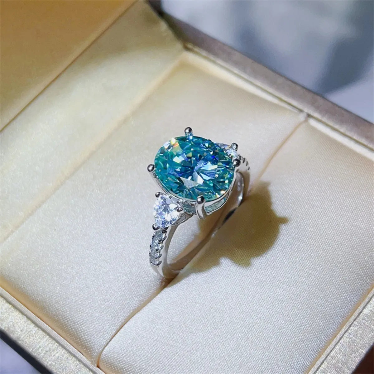 Stunning 5 Carat Moissanite Ring with a Blue Center Stone and Sparkling Accents in a Luxury Ring Box