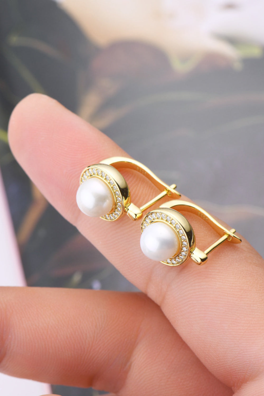 Elegant Moissanite pearl earrings in gold setting with sparkling accents for a chic look