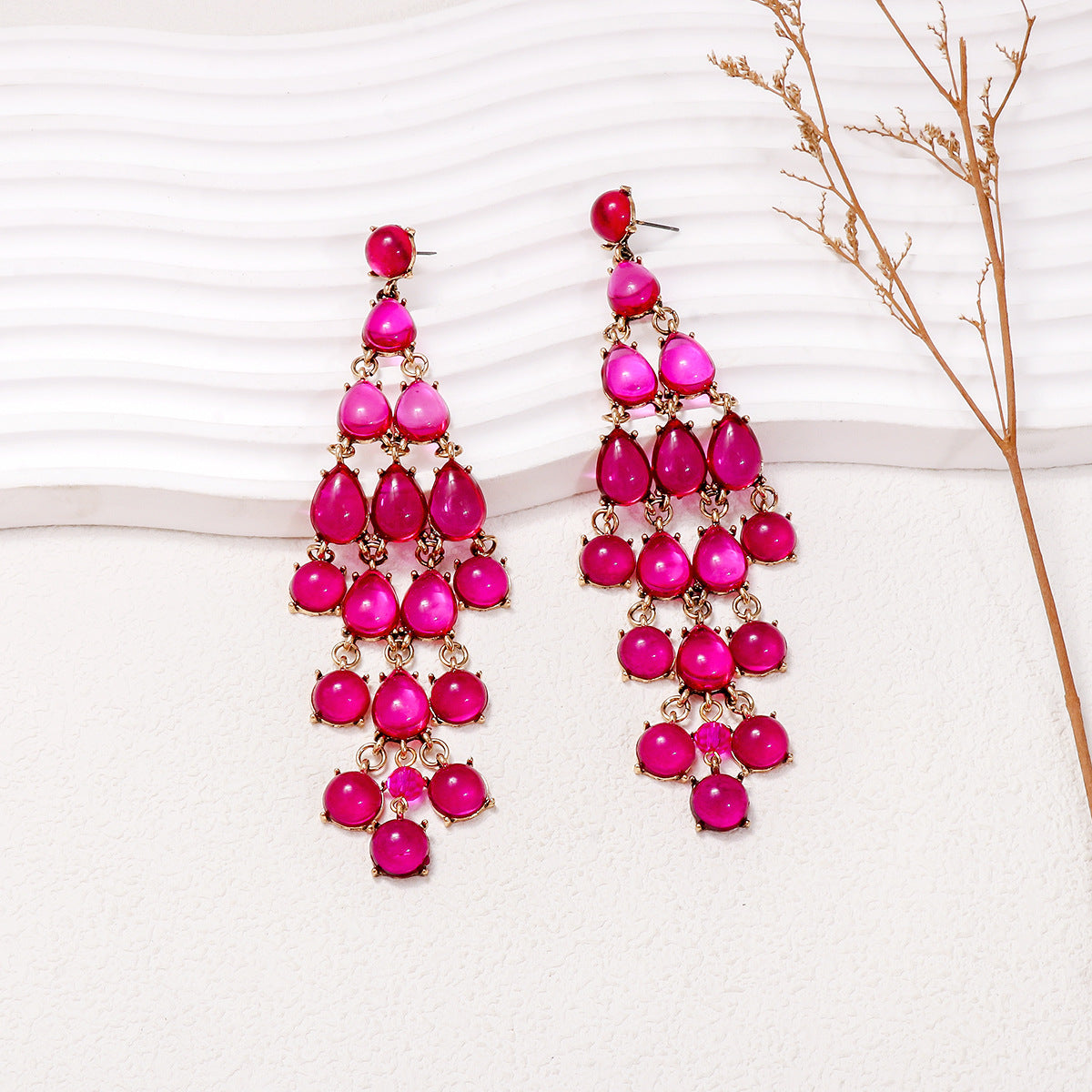 Trendsi Red Teardrop Earrings with Bold Pink Crystals in a Dazzling Cascading Design