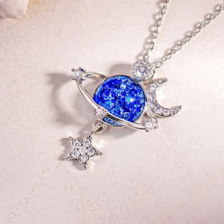 Trendsi Starry Sky Necklace featuring a blue planet with star and moon details for celestial jewelry lovers
