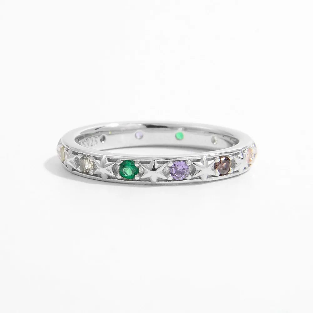 Trendsi sterling silver stacking ring adorned with colorful gemstones for a trendy layered look