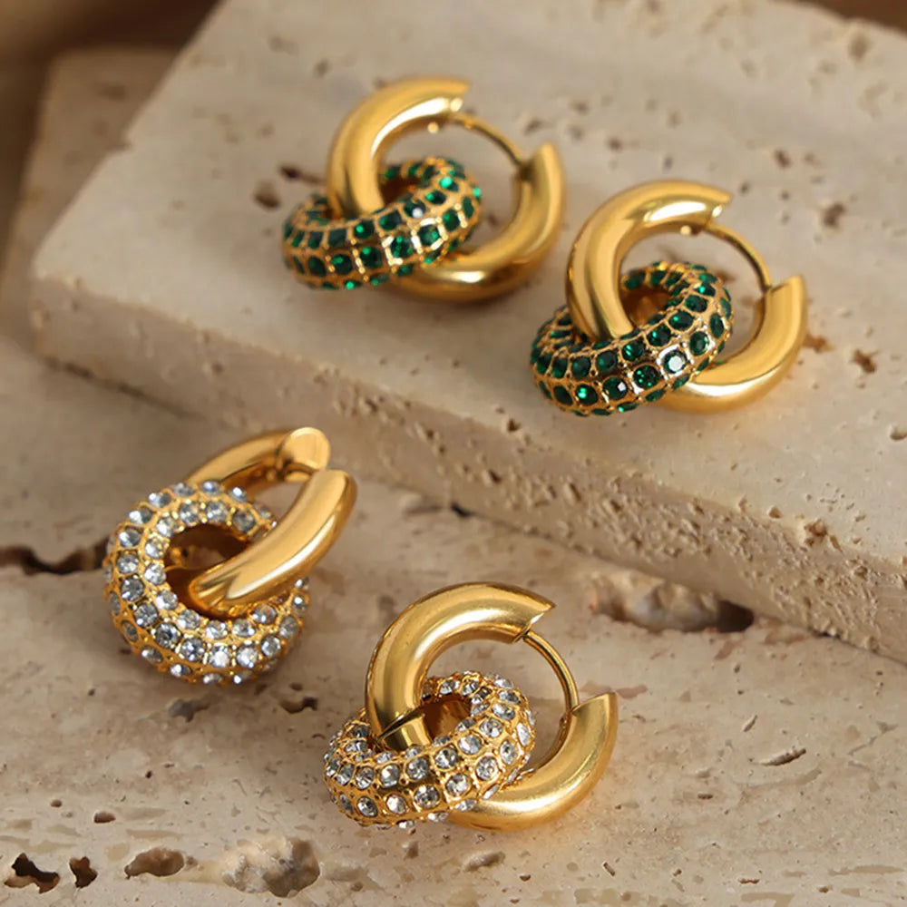 Trendy gold stylish hoop earrings for women with green and clear rhinestones for elegant style.