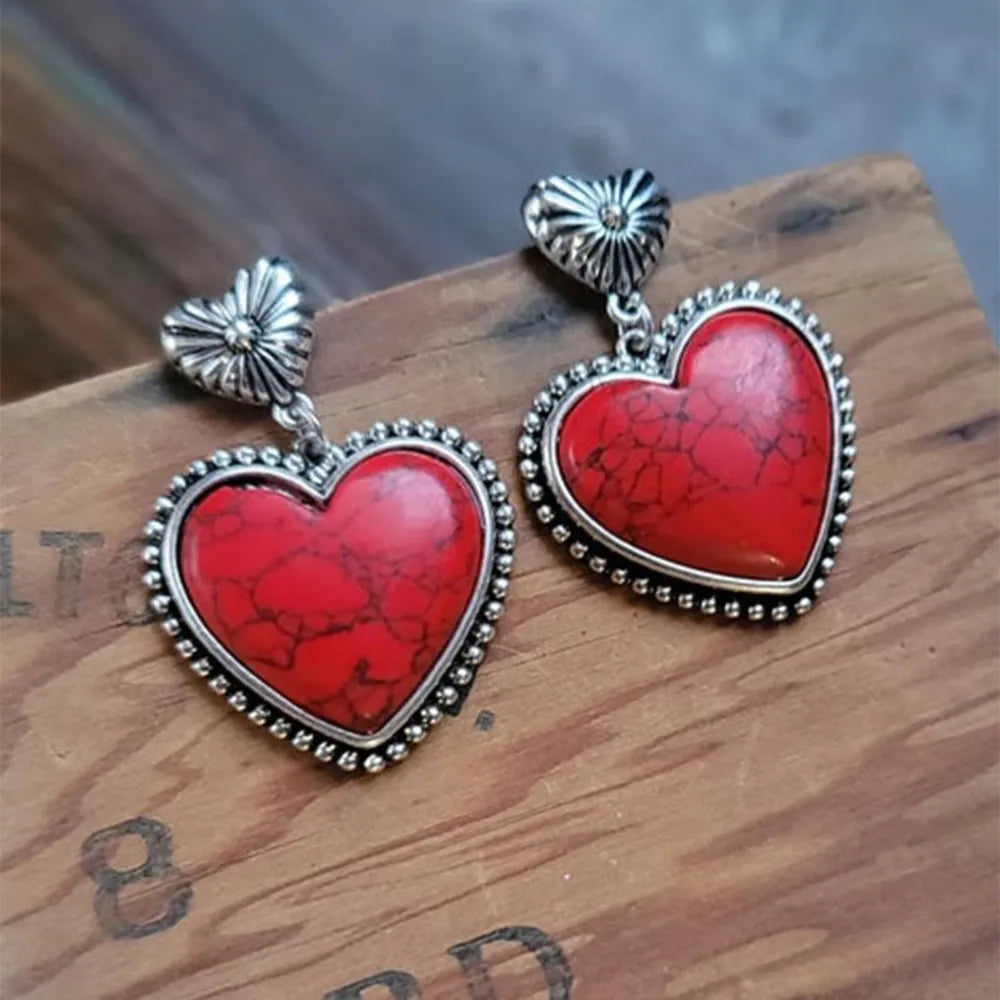 Trendsi Red Heart Earrings with Silver Detailing and Turquoise Heart Earrings Design