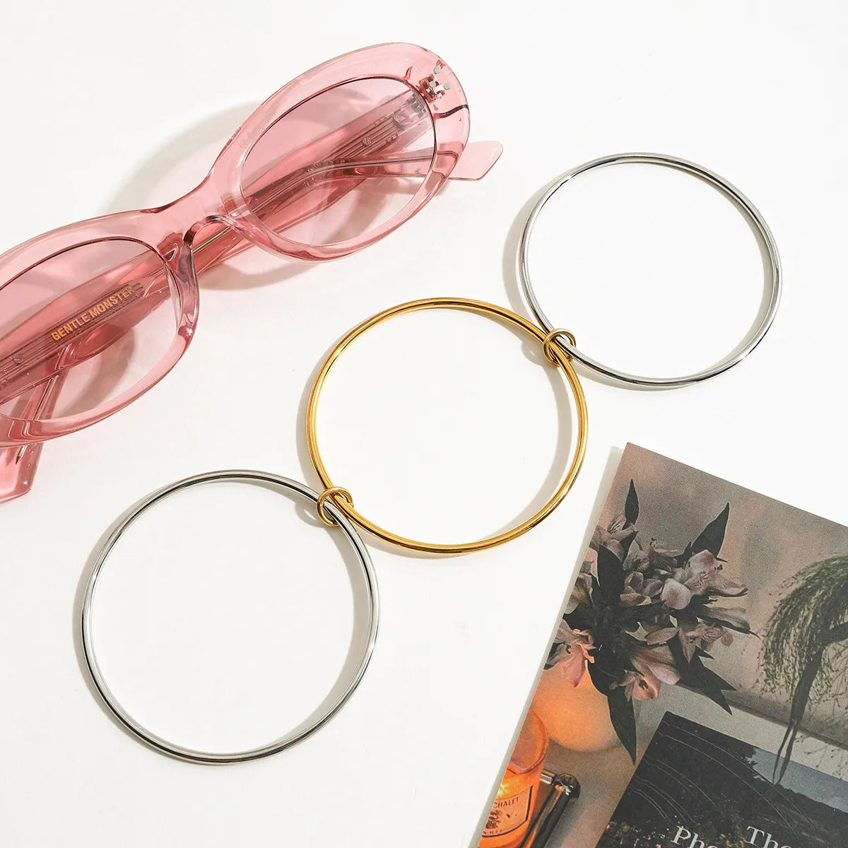Trendsi Two-Tone Bangle Bracelet set featuring gold and silver circle designs