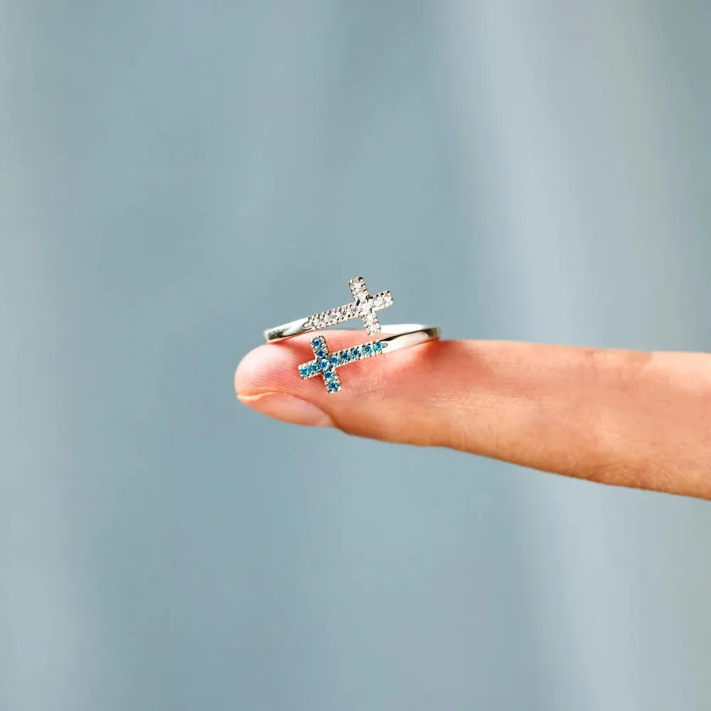 Unique Cross Design Silver Ring Featuring Two Crosses with Sparkling Stones in a Stylish Arrangement