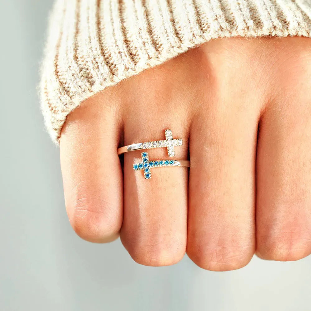Unique Cross Design Silver Ring with Aquamarine and Clear Crystal Details for Stylish Accessories