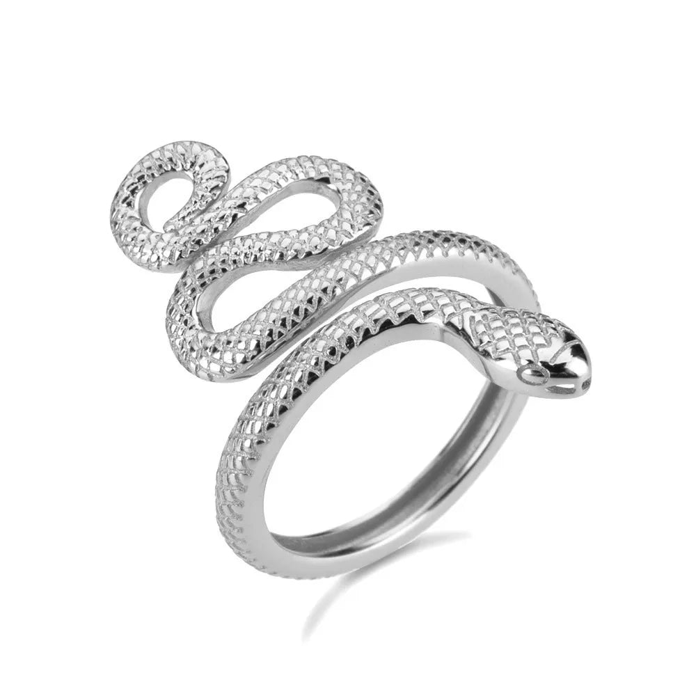 Trendy unique silver snake jewelry ring featuring an intricately designed snake wrapping around the band