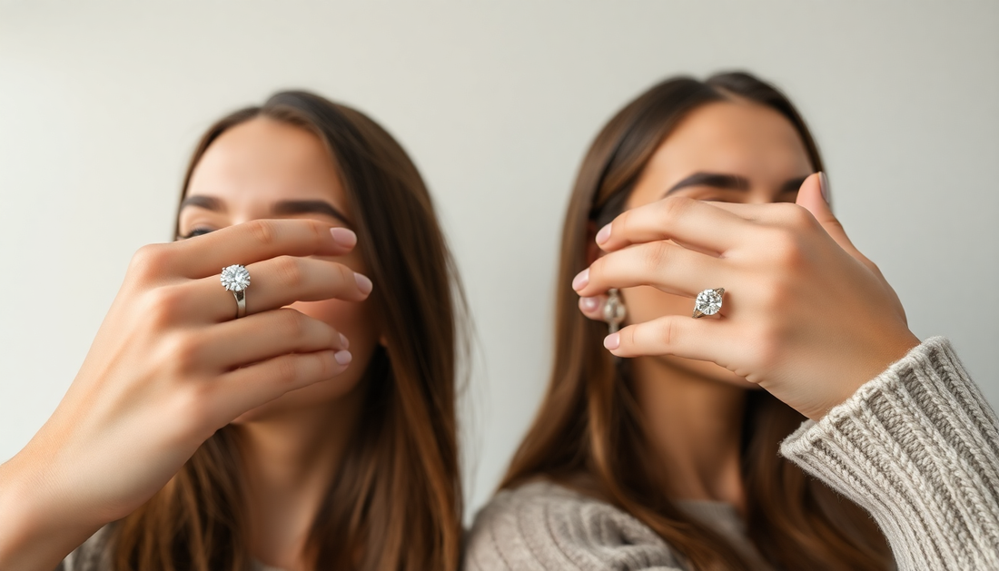 Two women showcasing rings in a moissanite vs diamond guide comparison for jewelry shoppers