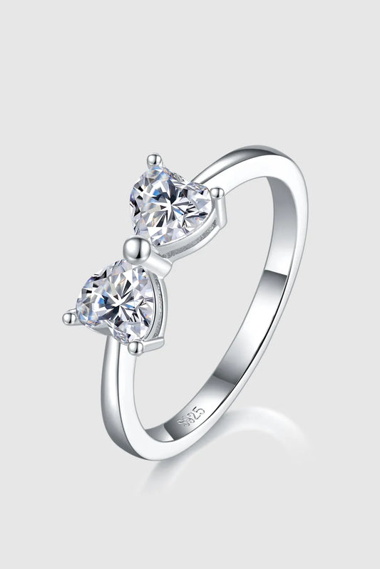 Trendsi 1 carat moissanite bow ring in silver with two heart-shaped stones