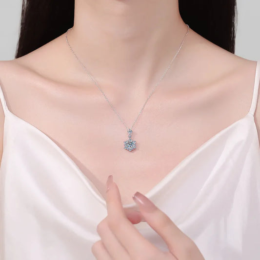 Elegant 1 Carat Moissanite Necklace displayed on a woman wearing a silk top