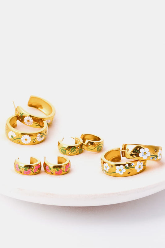 Trendsi collection of vibrant 18K gold plated hoop earrings featuring floral designs for stylish accessories