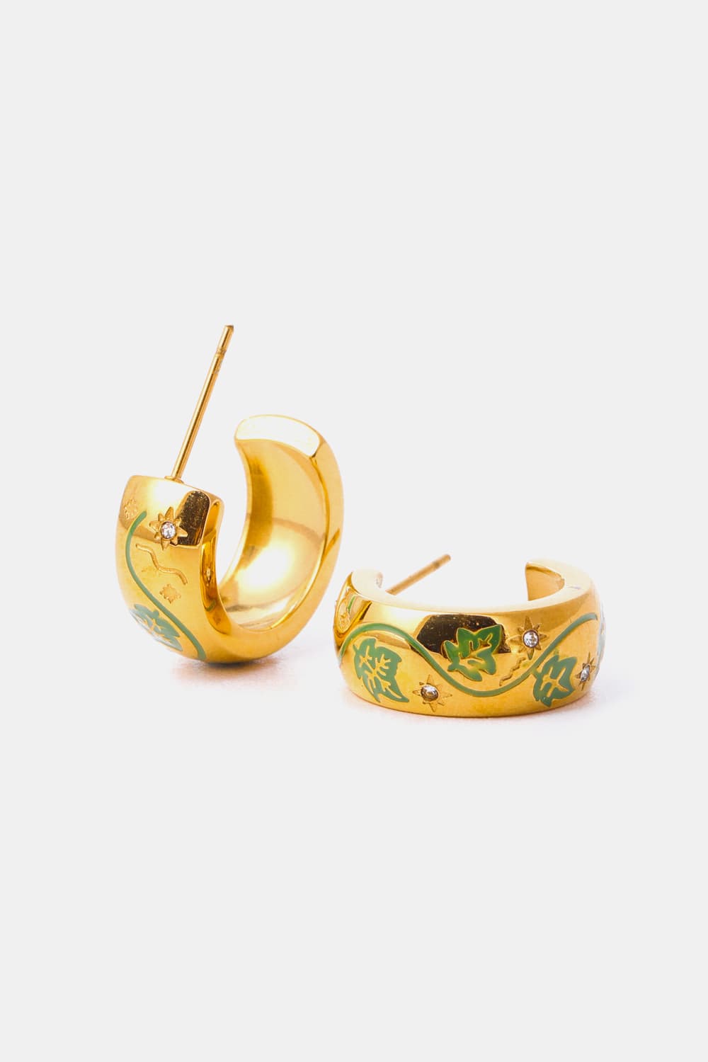 Trendsi 18K gold plated hoop earrings featuring elegant leaf designs and sparkling accents