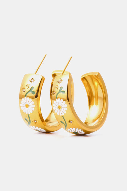 Trendsi 18K gold plated hoop earrings featuring floral design and intricate detailing