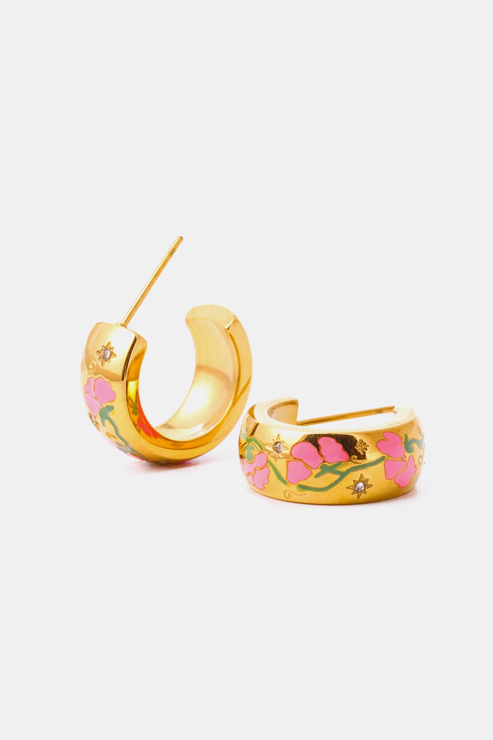 Trendsi 18K gold plated hoop earrings with floral design and pink accents for stylish women