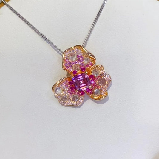 Trendsi 2 carat moissanite floral pendant featuring vibrant pink gemstones and gold accents