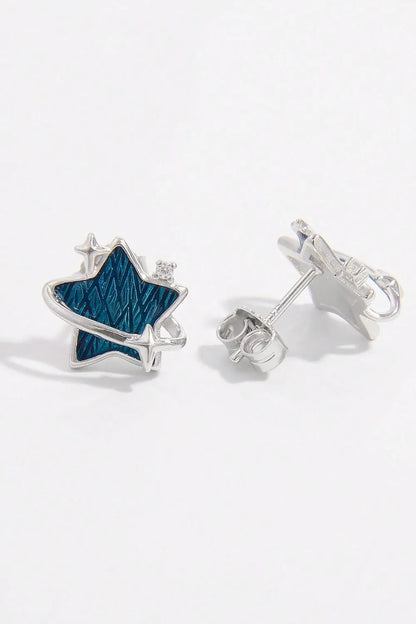 925 sterling silver star earrings with a blue textured design and sparkling accents