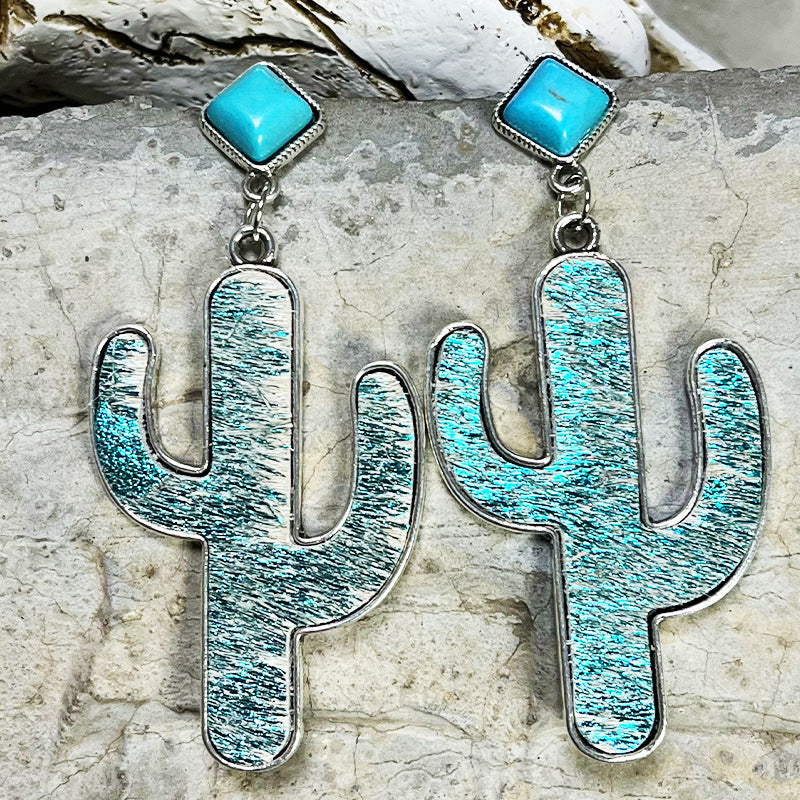 Trendsi Bohemian Cactus Earrings with Turquoise Accents and Silver Finish for a Stylish Look
