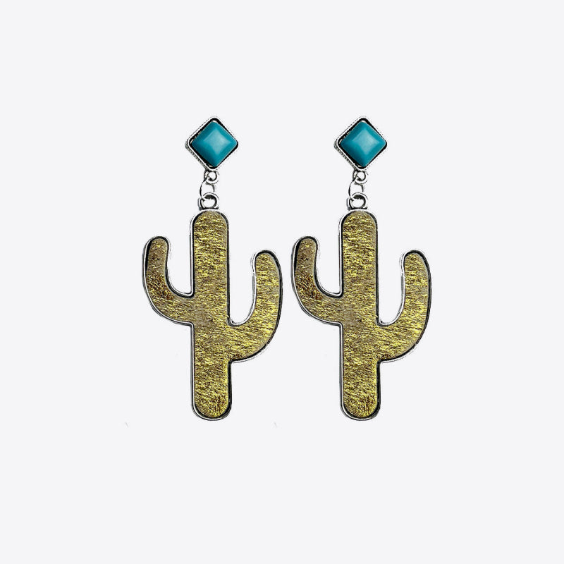 Trendsi Bohemian Cactus Earrings with Gold Finish and Turquoise Accent for Unique Style