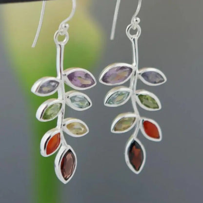 Trendy boho leaf dangle earrings with colorful gemstone accents for stylish outfits