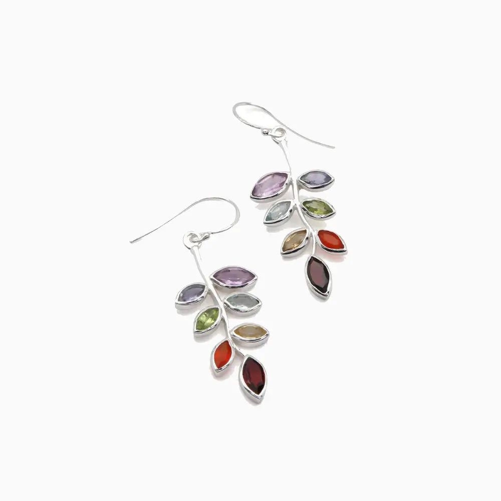 Trendy boho leaf dangle earrings with colorful gemstones in a silver setting