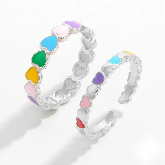 Trendsi colorful heart ring for women featuring multiple colored enamel hearts on a silver band
