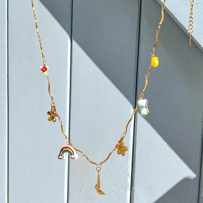 Trendsi elegant gold pendant necklace with colorful charms including rainbow and flowers