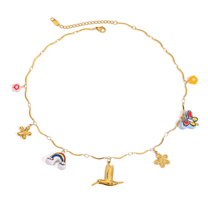 Trendsi elegant gold pendant necklace with colorful charms including flowers and a bird design