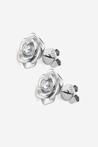 Stylish Moissanite flower earrings in silver featuring a delicate rose design and sparkling center stone
