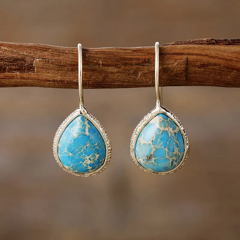 Trendsi natural stone drop earrings featuring turquoise stones in a teardrop design with silver accents