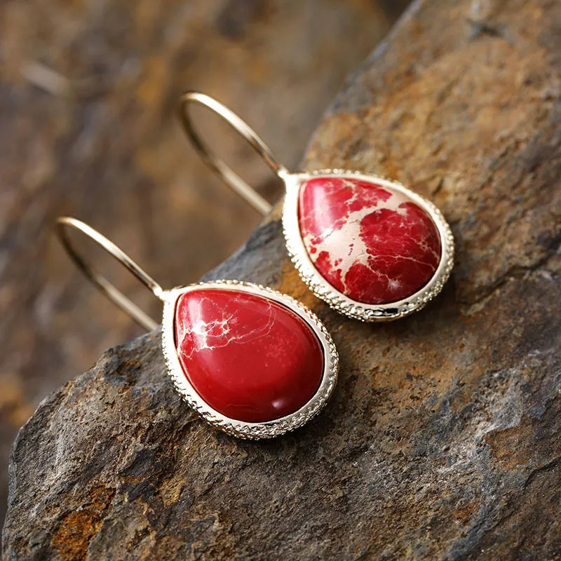 Trendsi natural stone drop earrings featuring red teardrop stones in elegant gold settings