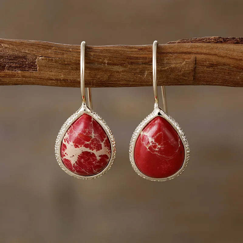 Trendsi natural stone drop earrings with red teardrop pendants and elegant silver frames