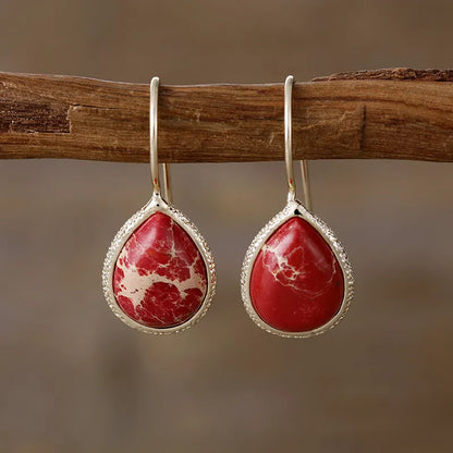 Trendsi natural stone drop earrings with red teardrop pendants and elegant silver frames