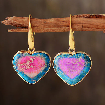 Trendsi natural stone heart earrings with vibrant pink and blue hues set in gold-tone metal