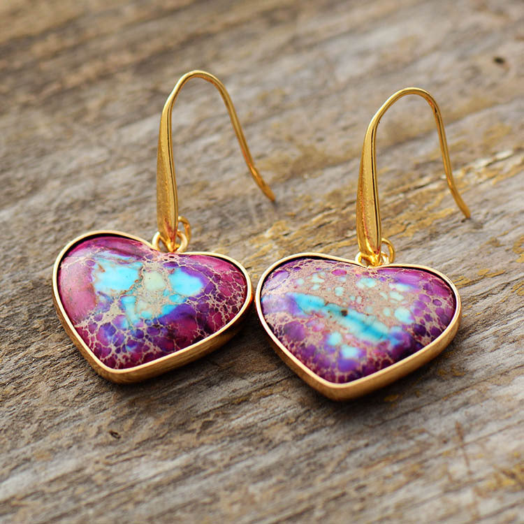 Natural stone heart earrings in vibrant purple with gold-tone hooks for stylish jewelry lovers