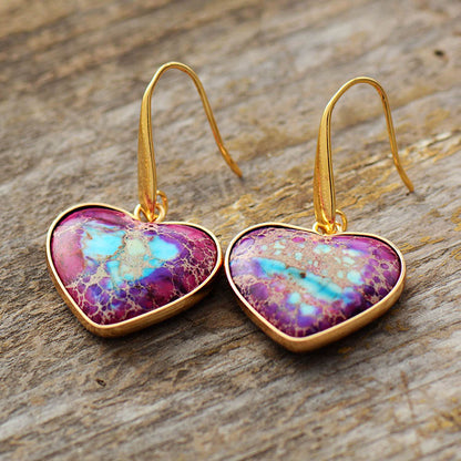 Natural stone heart earrings in vibrant purple with gold-tone hooks for stylish jewelry lovers