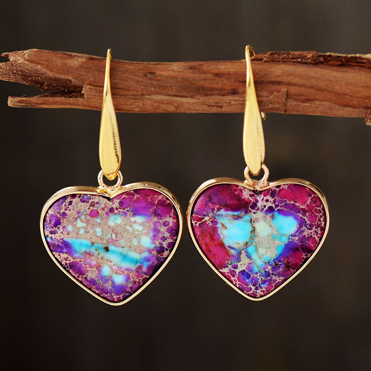Trendsi natural stone heart earrings featuring vibrant purple and blue stones with a gold setting