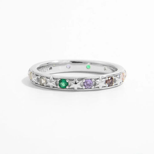 Trendsi sterling silver stacking ring adorned with colorful gemstones for a trendy layered look