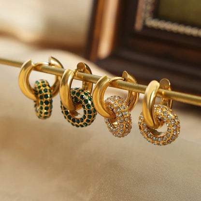 Trendsi stylish hoop earrings for women in gold with sparkling green and clear crystals